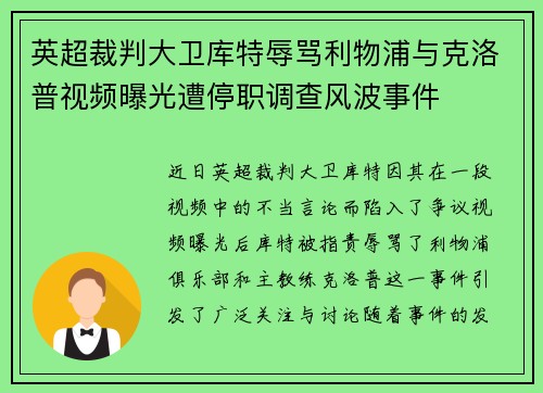 英超裁判大卫库特辱骂利物浦与克洛普视频曝光遭停职调查风波事件 英超裁判大卫库特辱骂利物浦与克洛普视频曝光遭停职调查风波事件